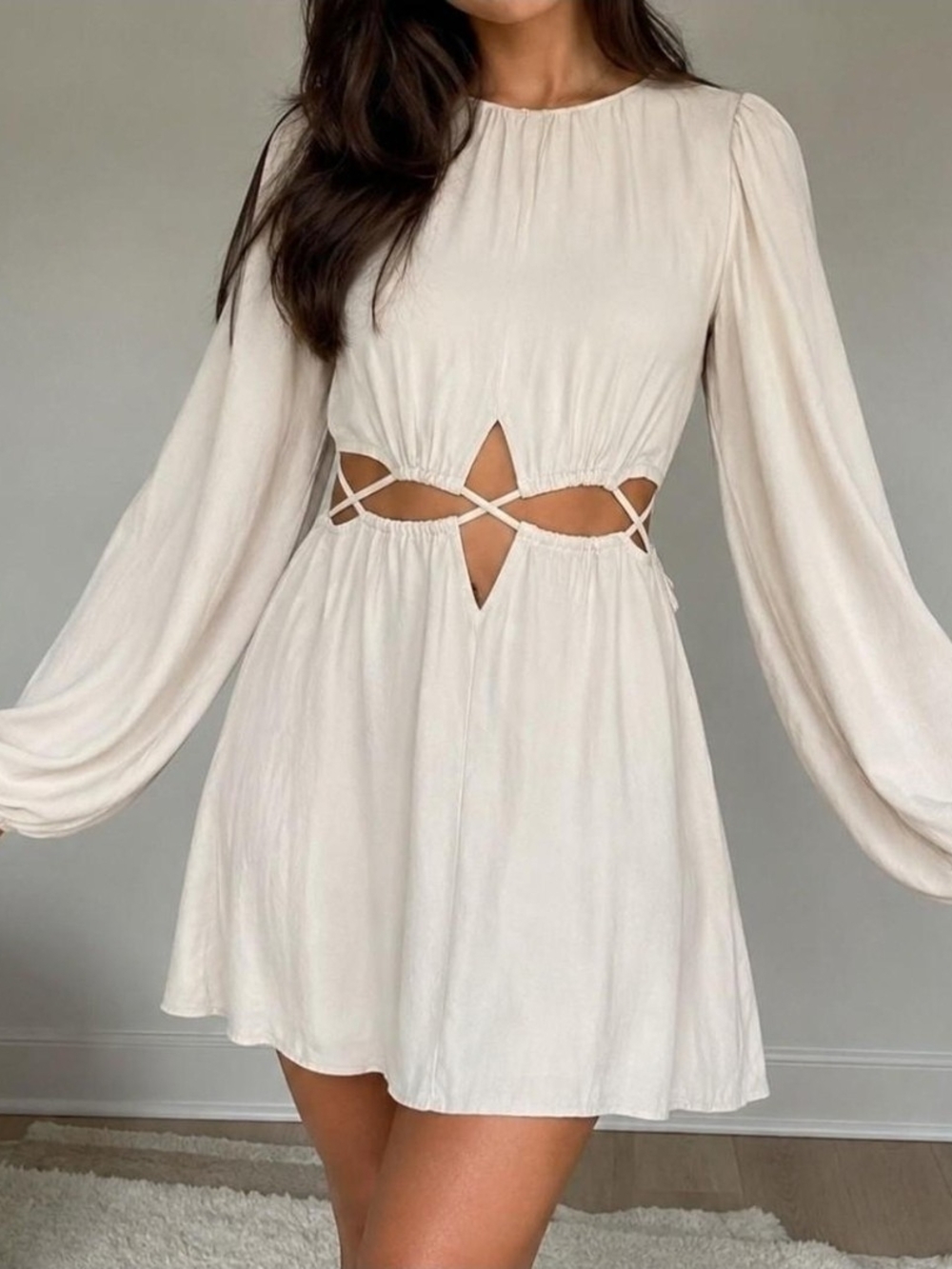 Women's Cream Cutout Long-Sleeve Mini Dress